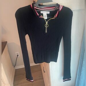 Planet Gold Black Ribbed Fitted Polo Top